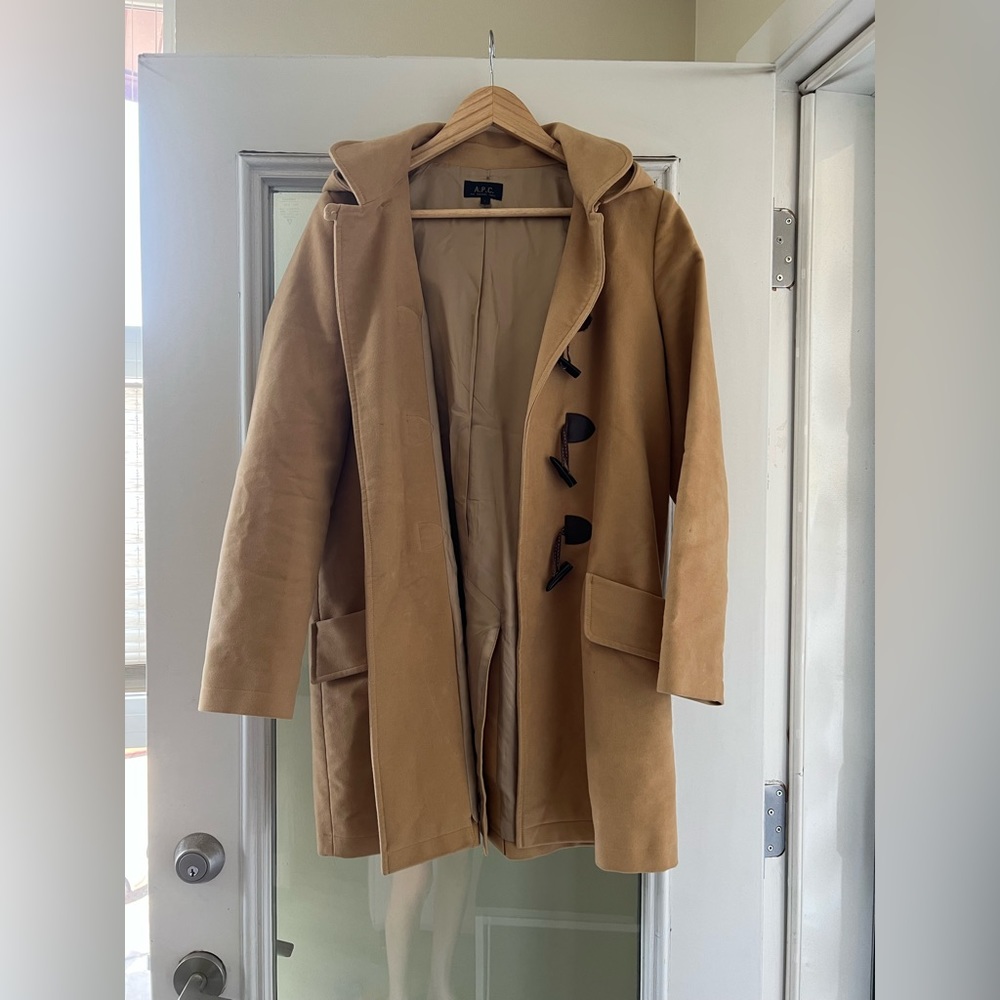 A.P.C. Camel Hooded Pea Coat with Toggle Closures